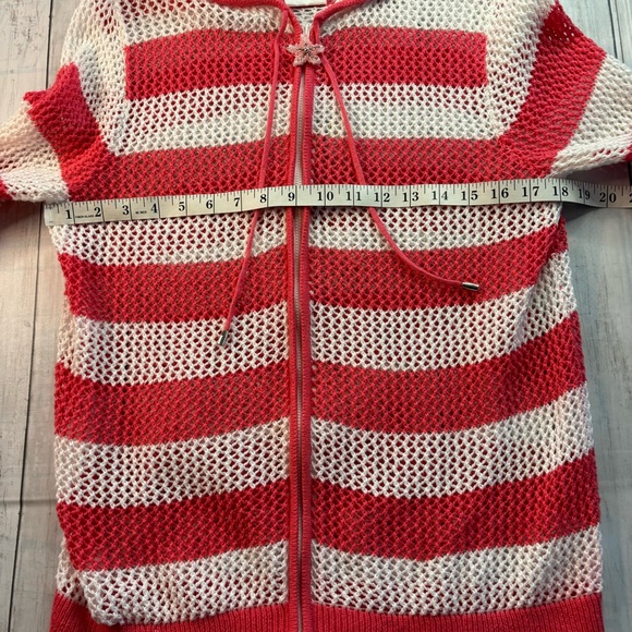 Quacker Factory Zip Up Hooded Mesh Jacket Beach Cover Up Sz L Pink White Stripe - Picture 6 of 11